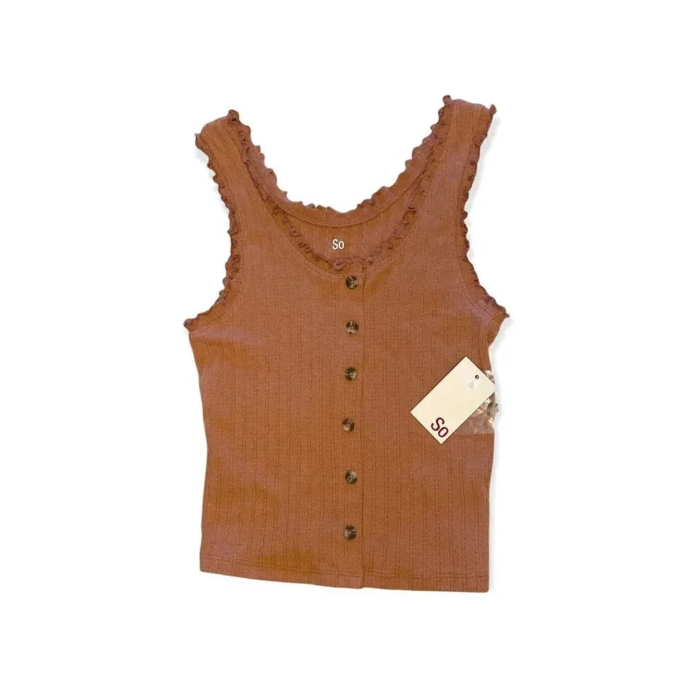 SO Button Front Tank Top Shirt with Ruffled Straps Coral (Orange/Pink) Medium